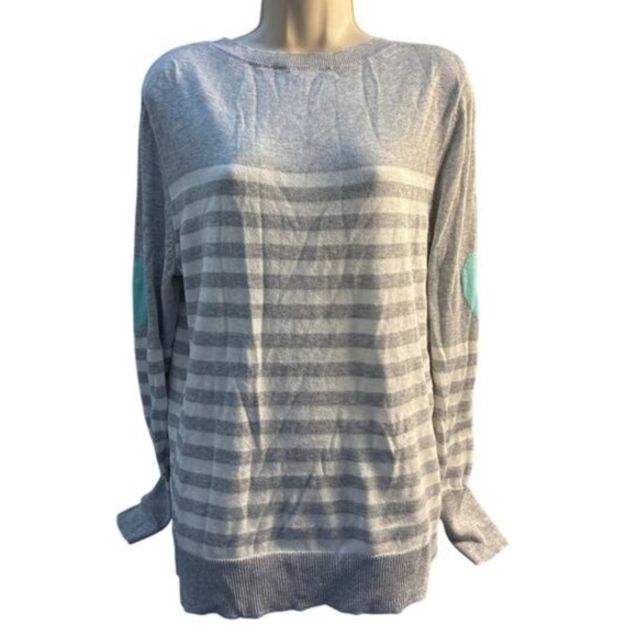 Time and Tru Sweaters - Time And Tru Gray And White Striped Women's Sweater with Teal Hearts On Sleeves